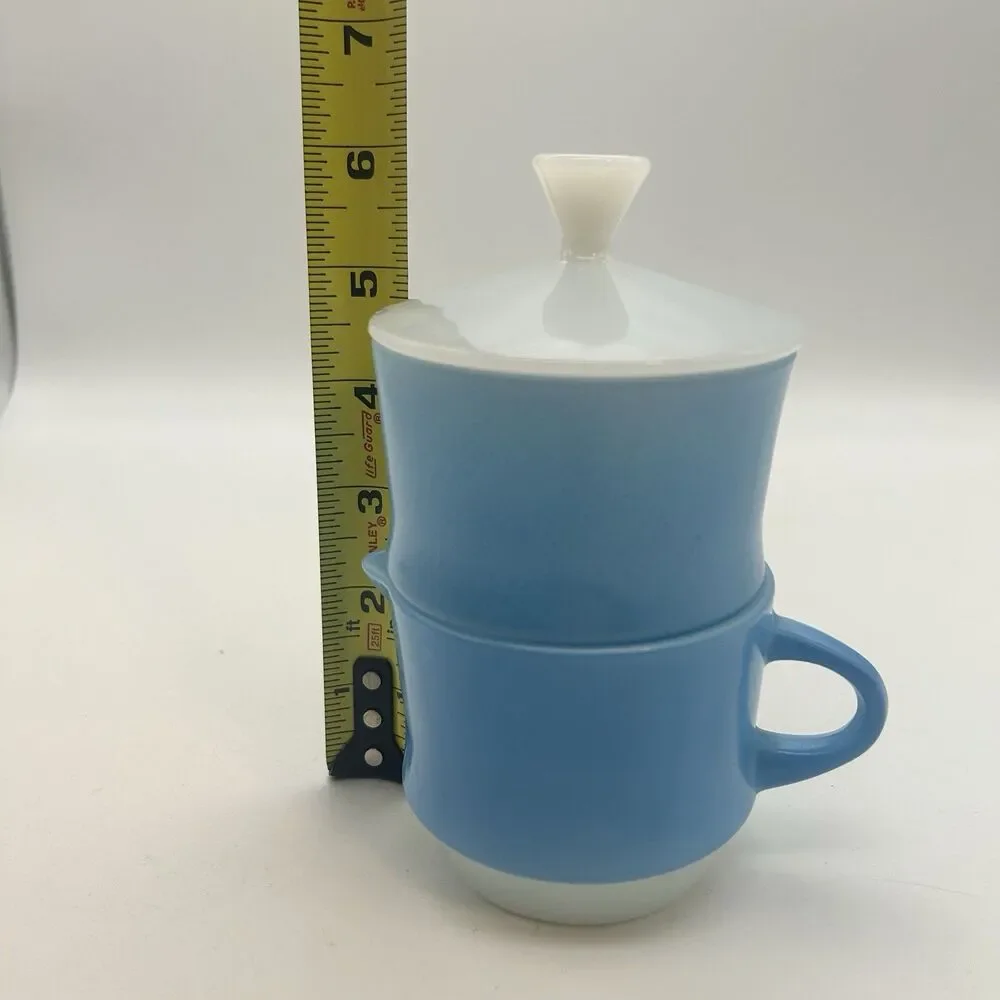 Vintage Fire-King Blue Mosaic Sugar Bowl & Creamer Set w/Lid Milk Glass